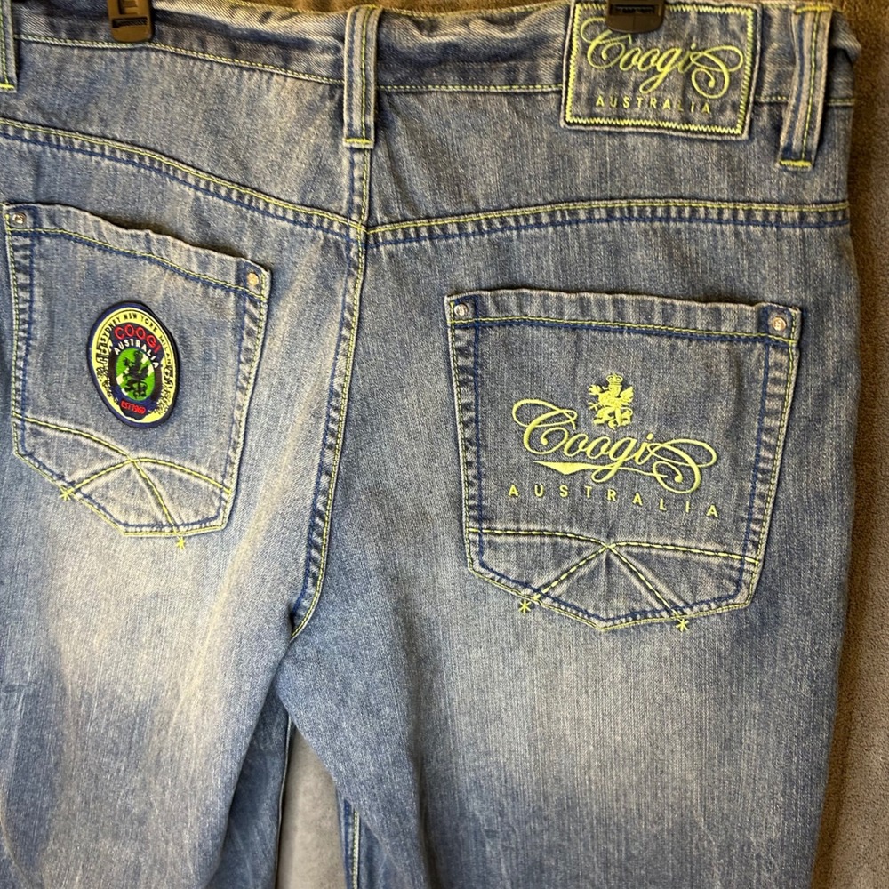 Vintage Coogi Australia Mens 36W Embroidered Denim Shorts Blue Lime Green Stitch